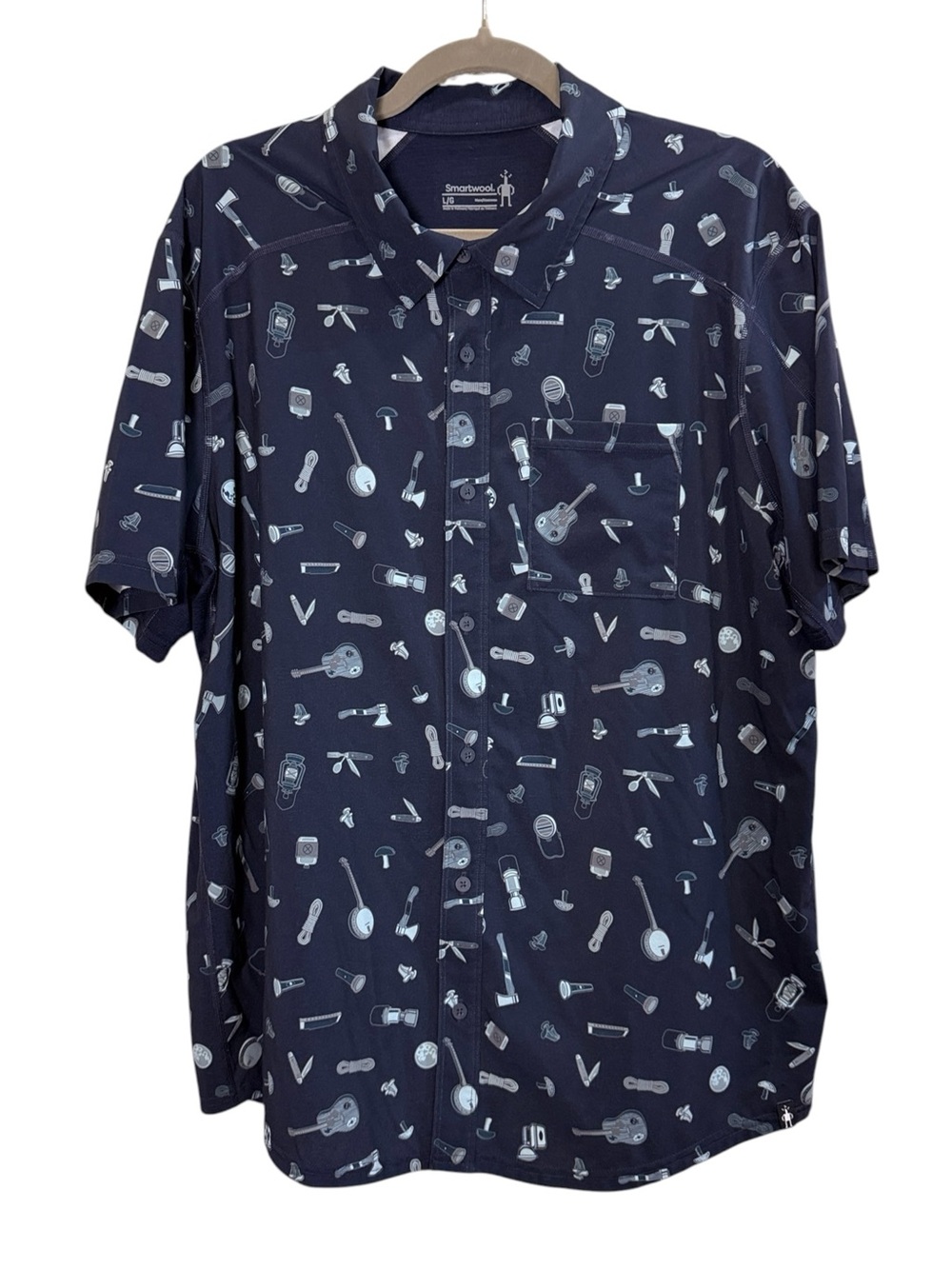 Smartwool Men’s Navy Short-Sleeve Printed Polo Style Button-Up Shirt sz L